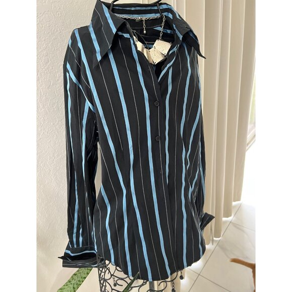 O Shirt Womens Black & Blue Striped Button-Up Shirt Size 14 By Cotton/Polyester - Picture 2 of 12